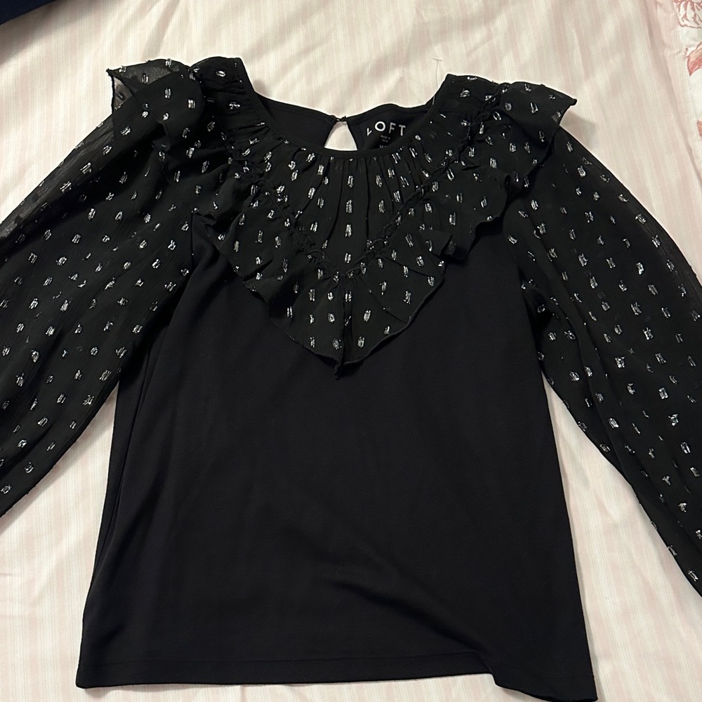 LOFT Black Ruffle Blouse with Sheer Sleeves